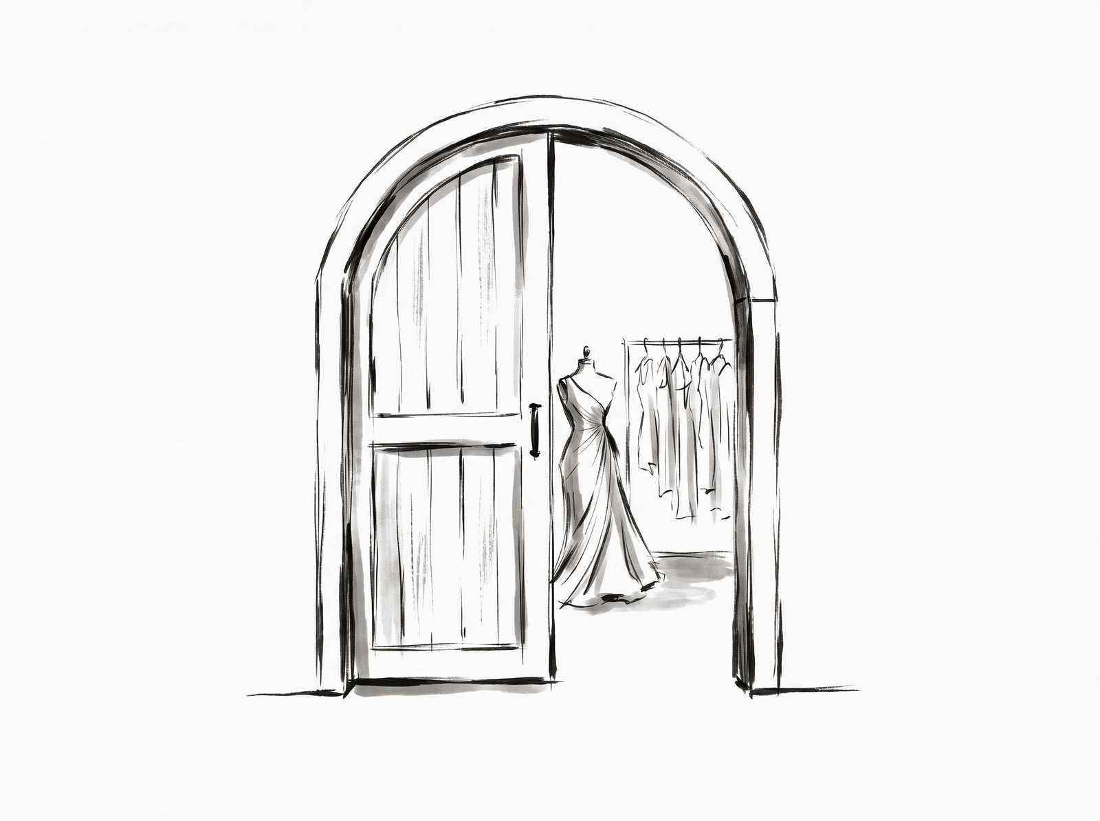An ink drawing of an arched wooden door standing ajar, a dress form and a rail of clothes inside.